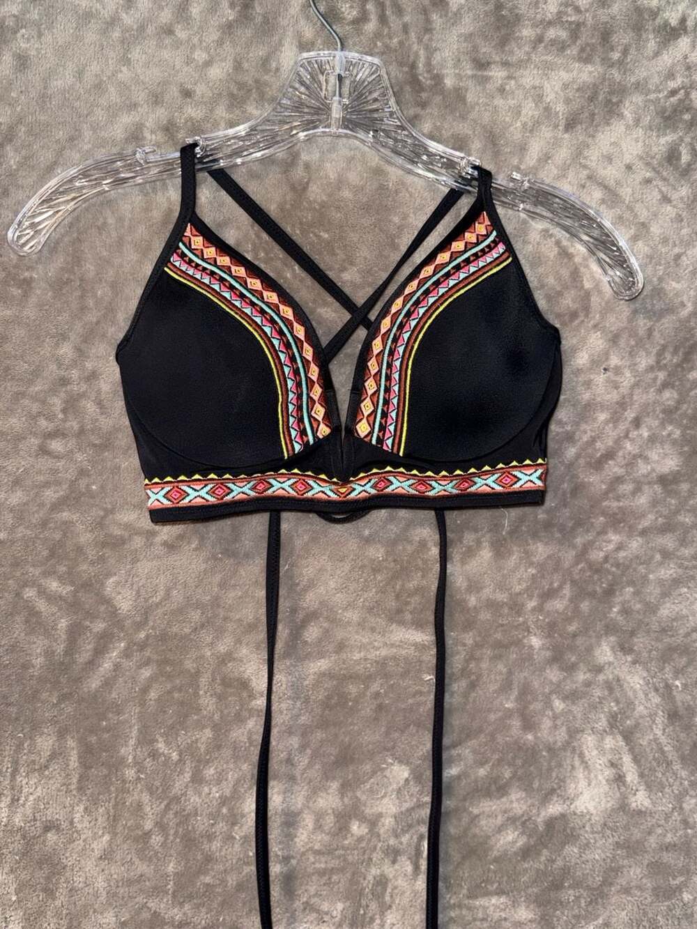 Shade & Shore Women's V-Wire Light Lift Bikini Top with Tribal Embroidery Sz 34B